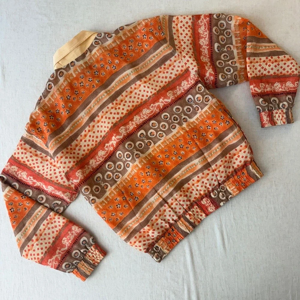 Oleg Cassini Vintage Silk Bomber Jacket Orange Geometric‎ Floral Print Small